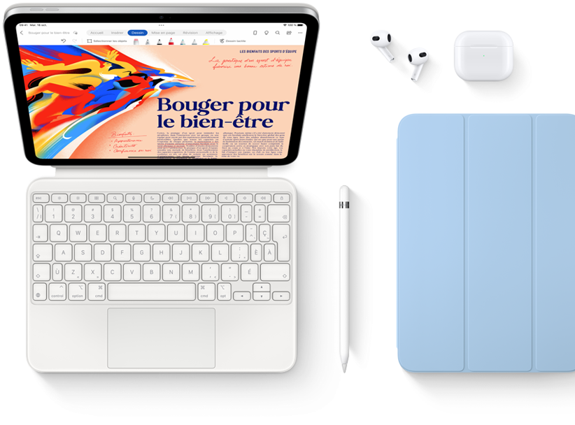 Image montrant un iPad, un Magic Keyboard Folio, un Apple Pencil, des AirPods et un Smart Folio.